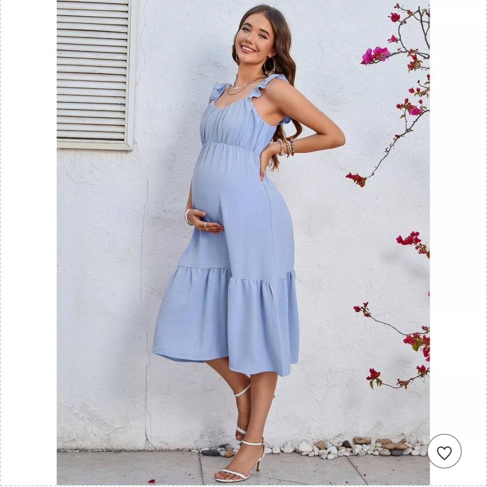 BLUEMING Maternity Flowy Smocked A Line Sundress w Ruffle Strap by Yesfashion